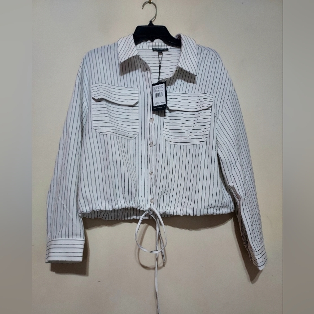 Adrienne Papell Black and White Striped Shirt Sz-L